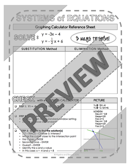 Graphing Systems of Equations | TI-84 Calculator Reference Sheet and Practice