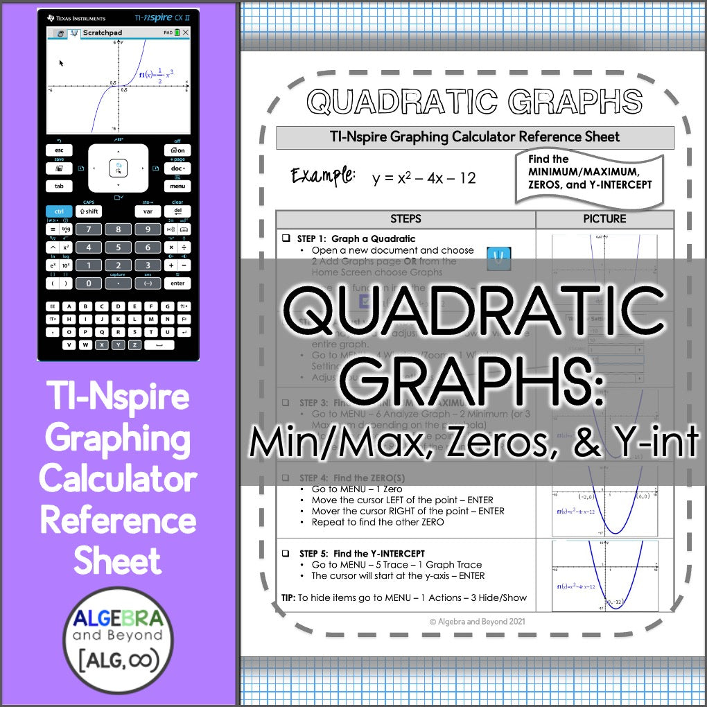 Math Graph Reference Quadratic Graphs | TI-Nspire Graphing Calculator Reference Sheets ...