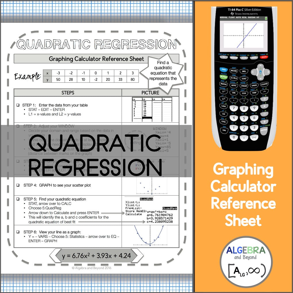 Quadratic Regression | TI-84 Graphing Calculator Reference Sheet and Practice
