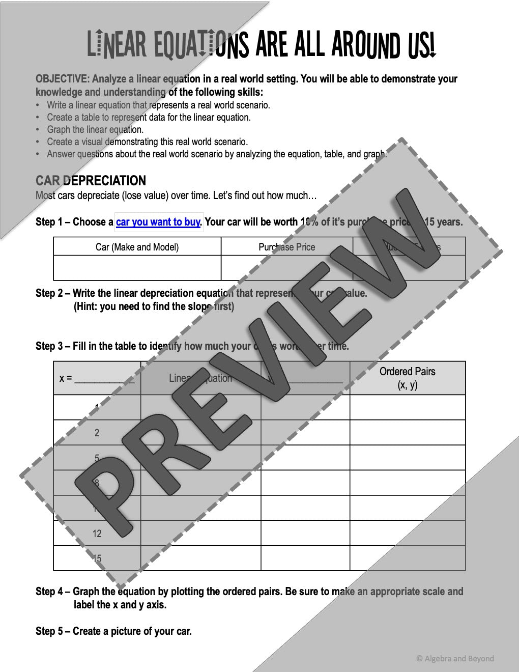 Real World Linear Equations | Project Based Learning | Print and Digital