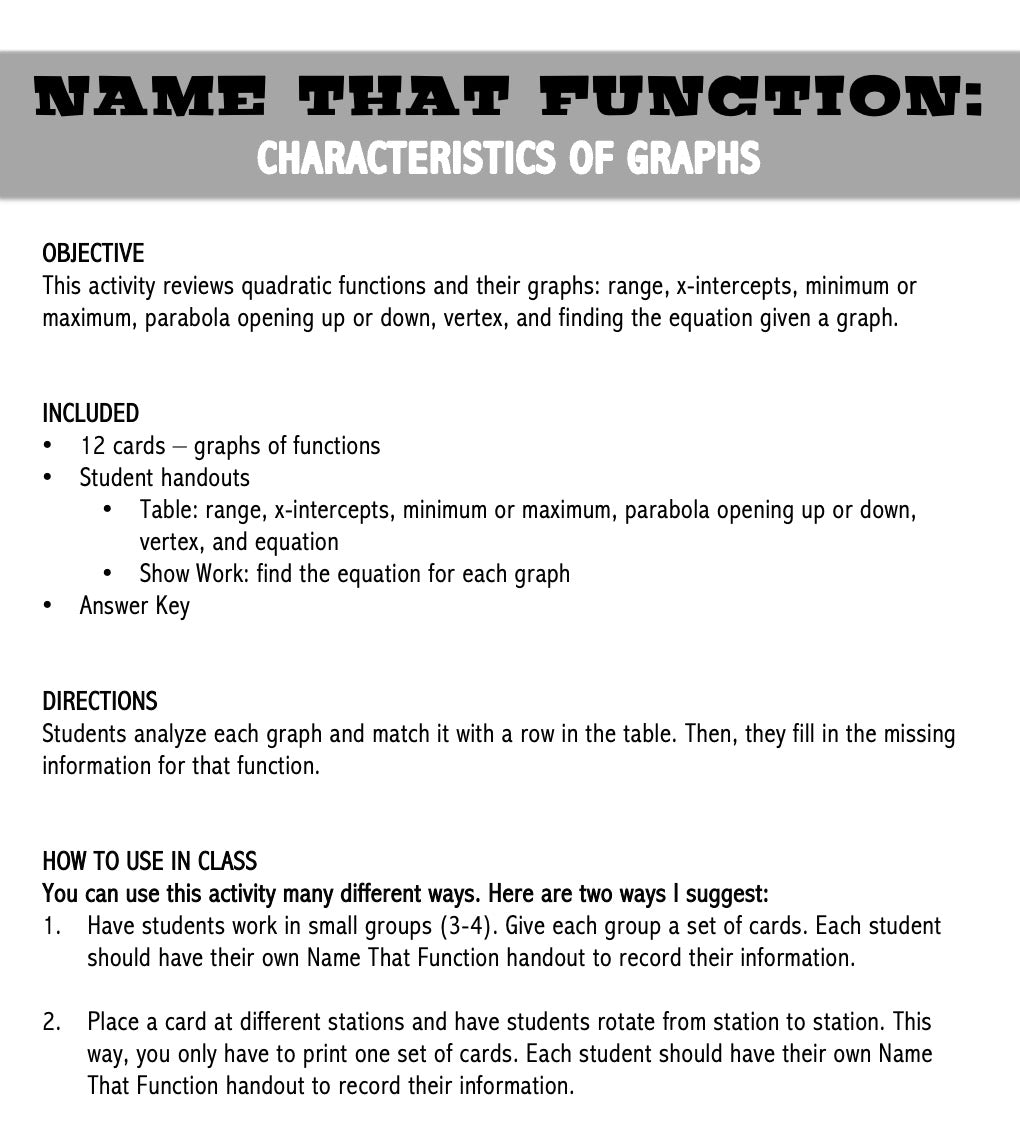 Graphs of Quadratic Functions | Name That Function | Matching Activity ...