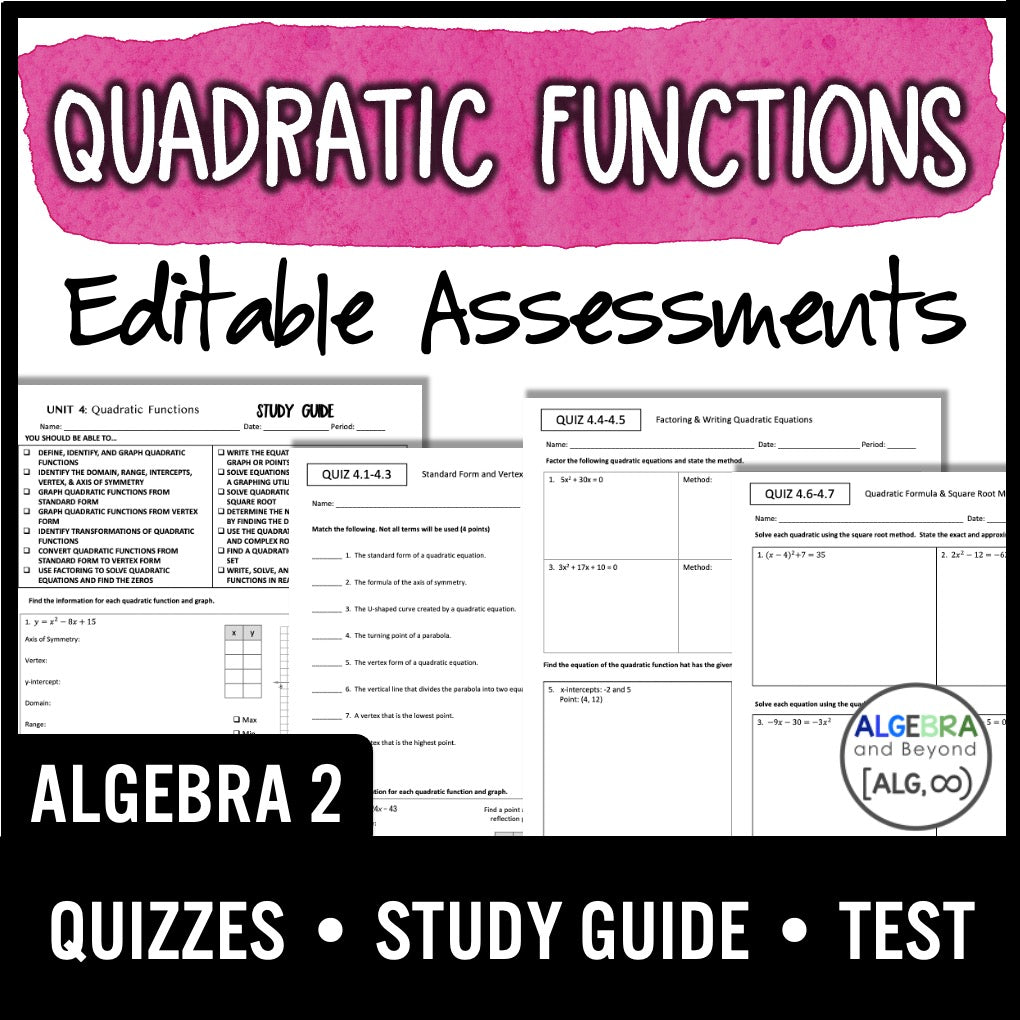 Quadratic Function Assessments | Quizzes | Study Guide | Test