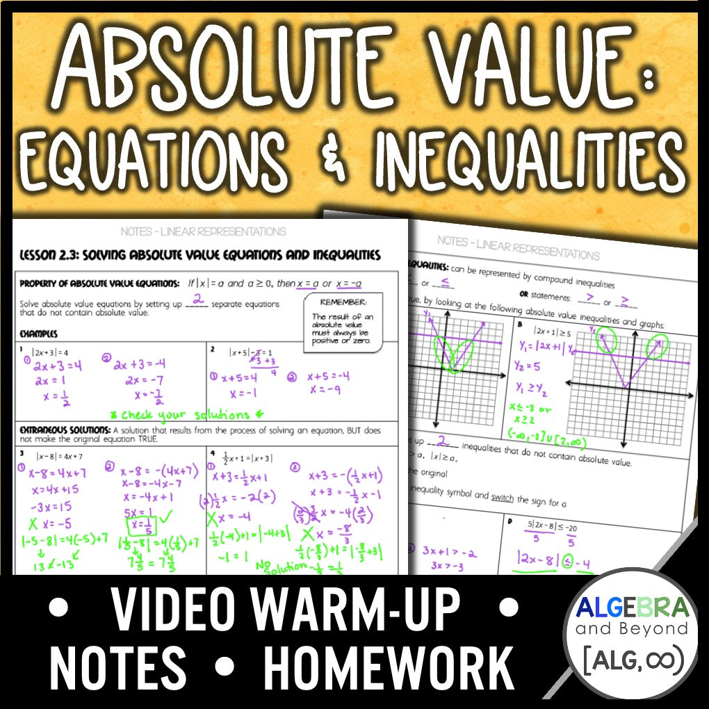 Absolute Value Equations and Inequalities Lesson | Warm-Up | Notes | Homework
