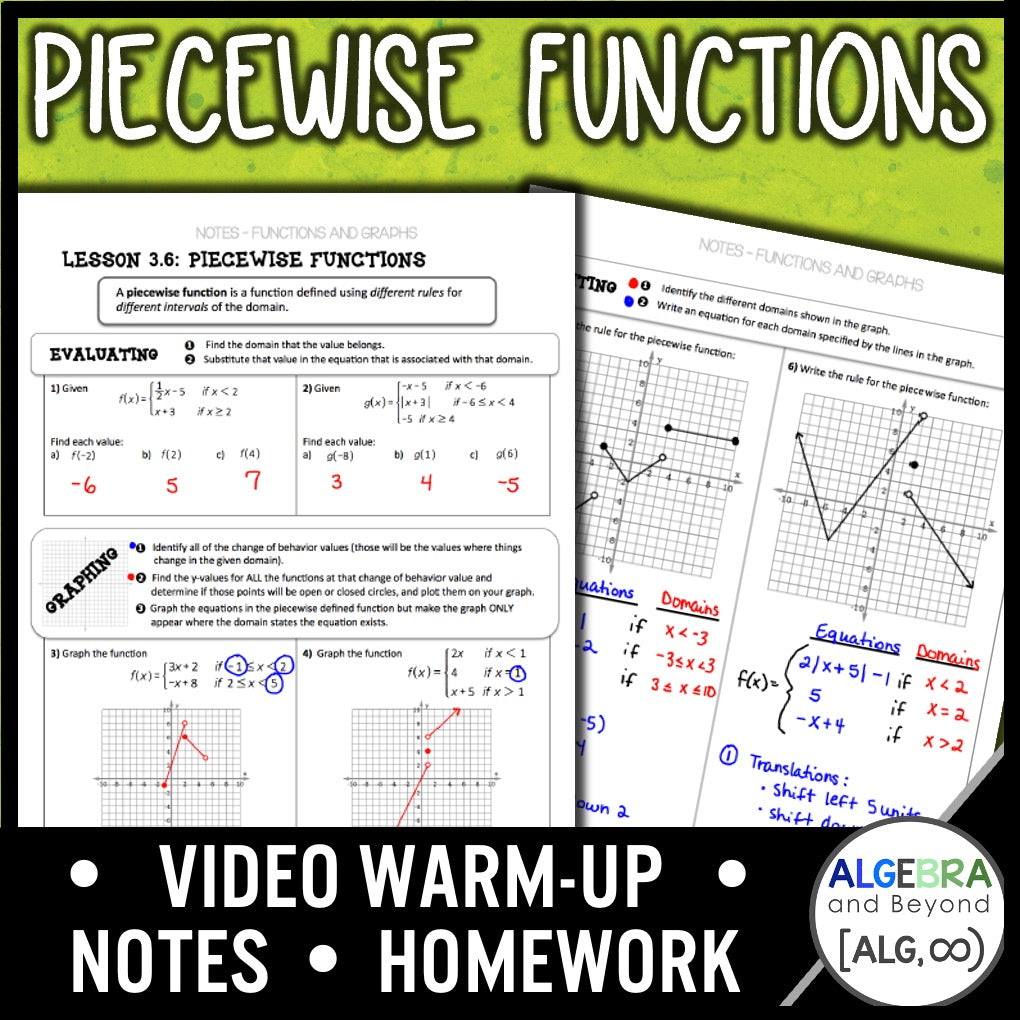 Piecewise Functions Lesson | Algebra 2 | Warmup | Guided Notes | Homew ...