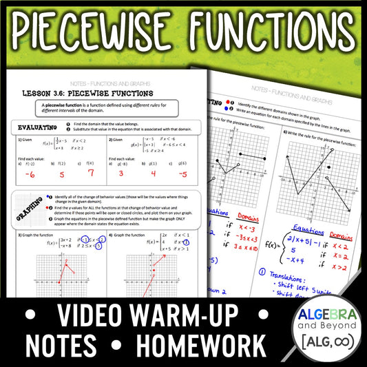 Piecewise Functions Lesson | Algebra 2 | Warmup | Guided Notes | Homework
