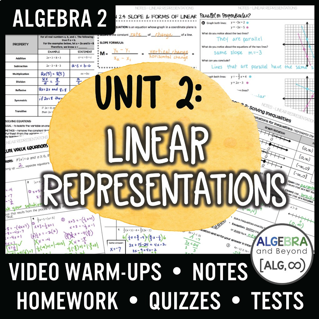 Linear Equations and Representations Unit | Algebra 2 | Guided Notes | Homework