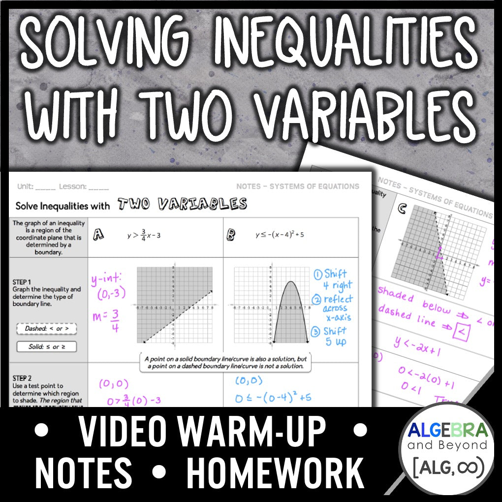 Solving Inequalities with Two Variables Lesson | Warm-Up | Notes | Homework