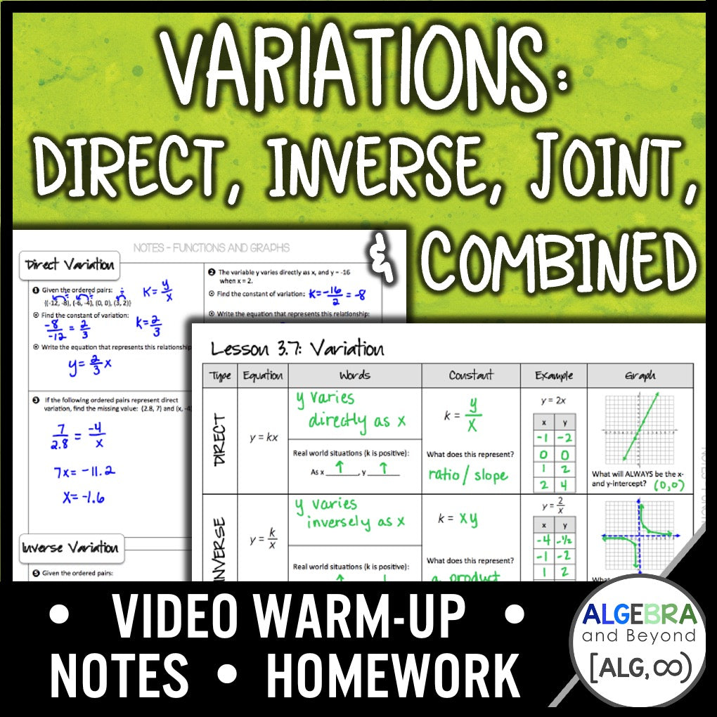 Variation: Direct, Inverse, Joint & Combined Lesson | Warm-Up | Notes | Homework