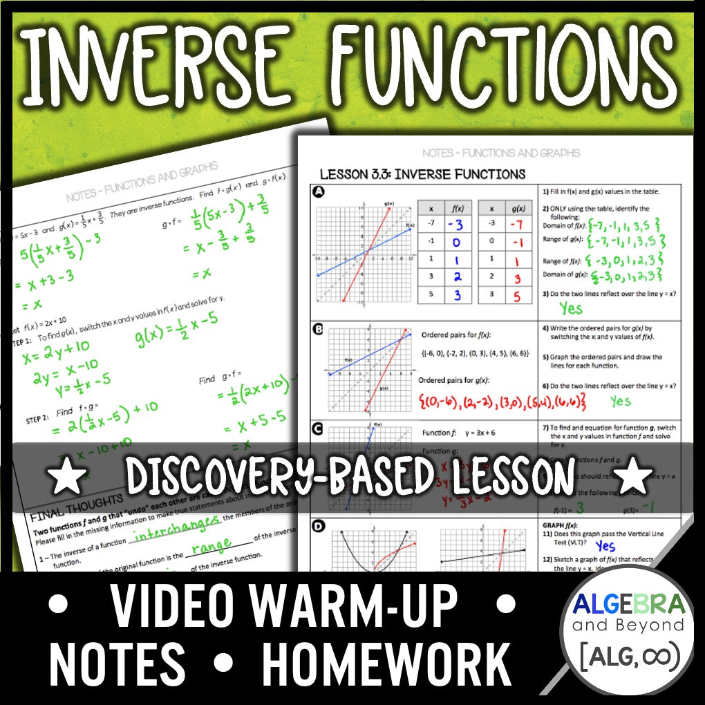 Inverse Functions Lesson | Warm-Up | Guided Notes | Homework – Algebra ...