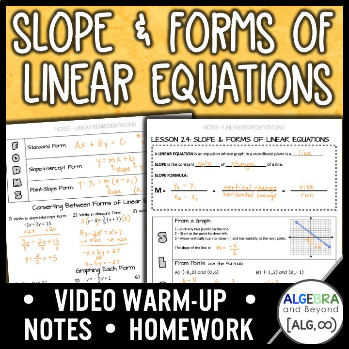 Slope and Forms of Linear Equations Lesson | Warm-Up | Guided Notes | Homework