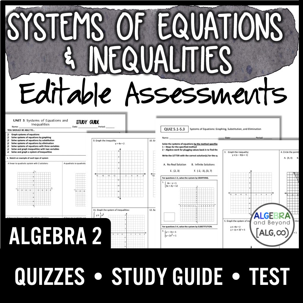 Systems of Equations and Inequalities Assessments | Quizzes | Study Guide | Test