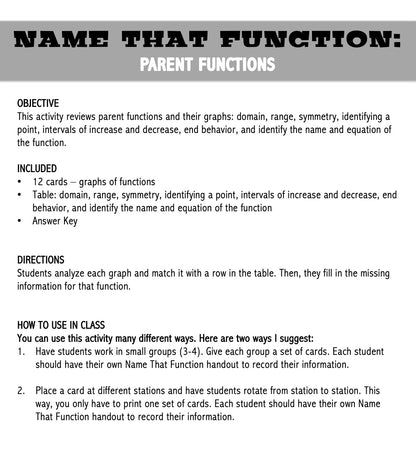 Parent Functions | Name That Function | Matching Activity | Print and Digital