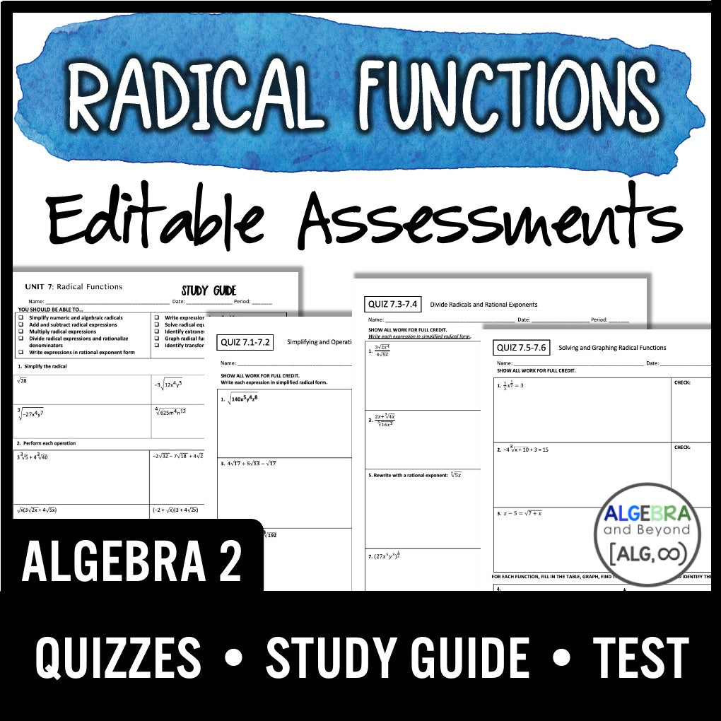 Radical Functions Assessments | Quizzes | Study Guide | Test