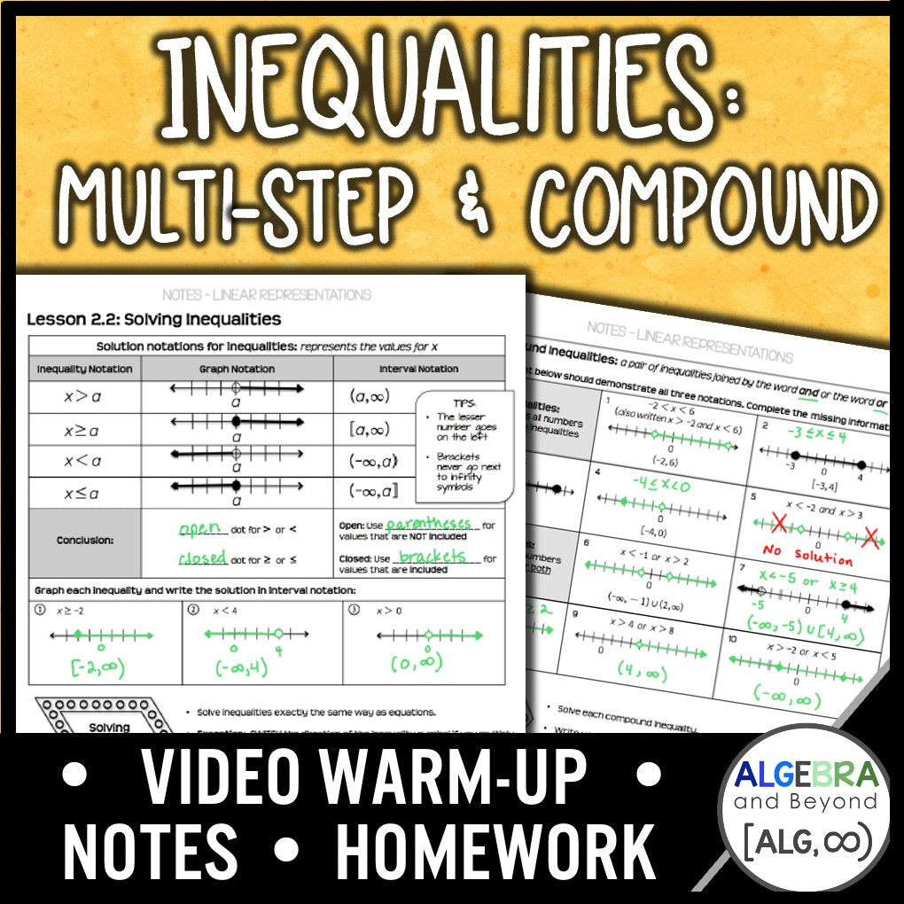 Multi-Step and Compound Inequalities Lesson | Warm-Up | Guided Notes | Homework