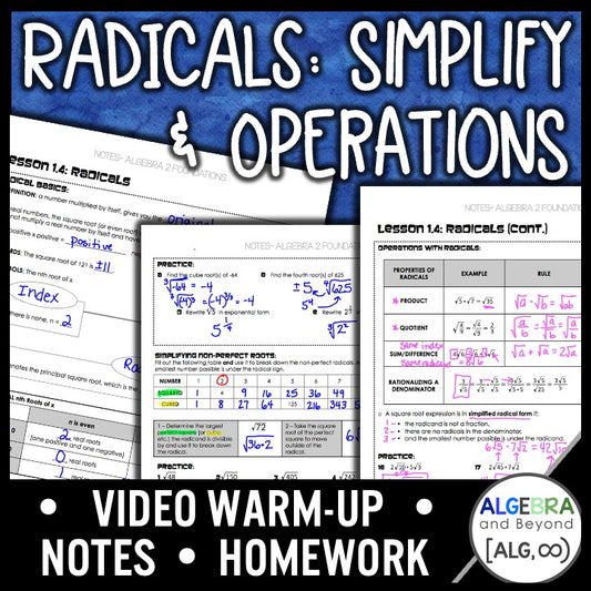 Radicals: Simplifying and Operations Lesson | Warm-Up | Guided Notes | Homework