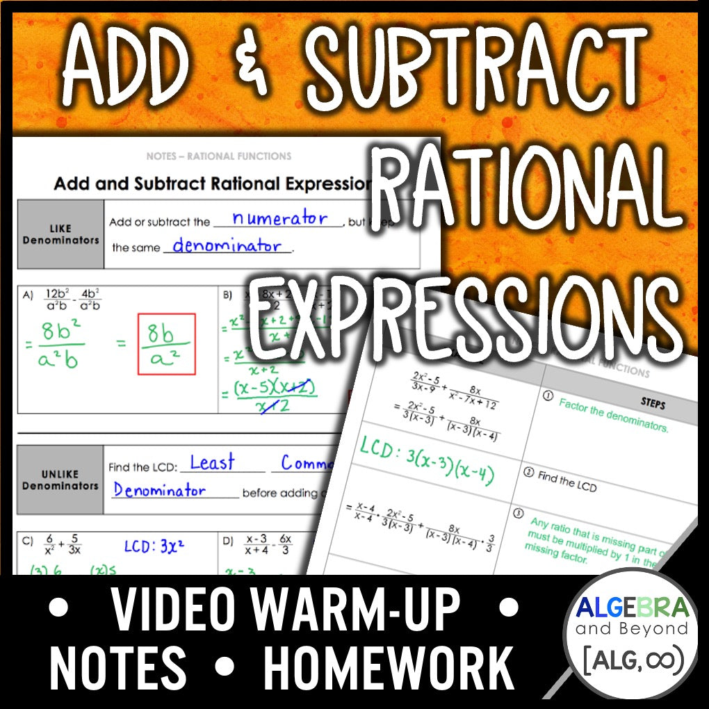 Add and Subtract Rational Expressions Lesson | Warm-Up | Guided Notes | Homework
