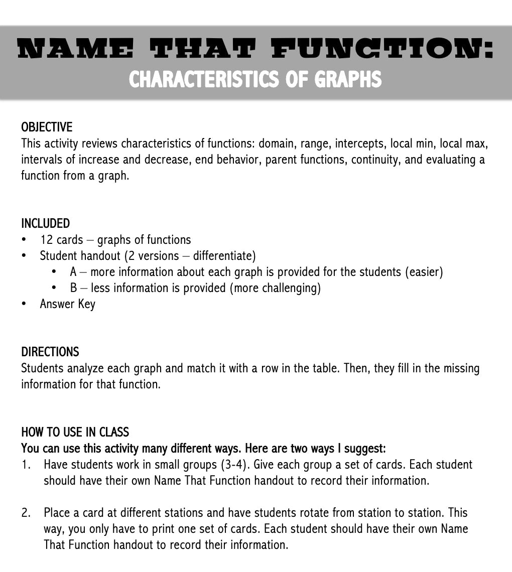 Characteristics of Graphs | Name That Function | Matching Activity | P ...