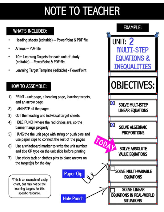 Note to Teacher - 6th Grade Learning Targets | Objectives | Clip Charts