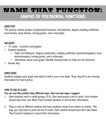 Polynomial Functions | Name That Function | Matching Activity | Print and Digital