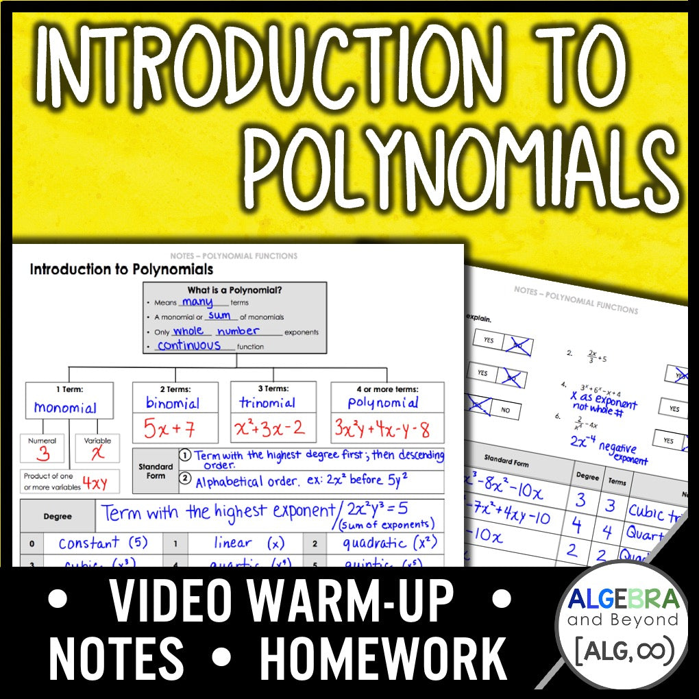 Introducing Polynomials Introduction to Polynomials Lesson | Warm-Up | Guided Notes | Homework ...