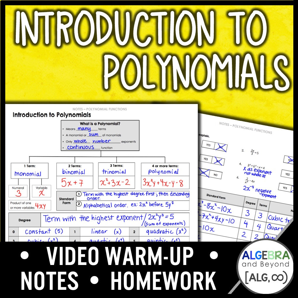 Introduction to Polynomials Lesson | Warm-Up | Guided Notes | Homework