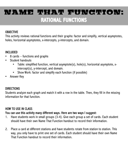 Rational Functions | Name That Function | Matching Activity | Print and Digital