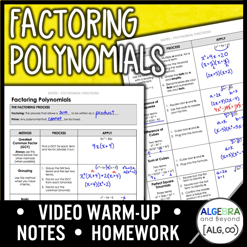Factoring Polynomials Lesson | Warm-Up | Guided Notes | Homework