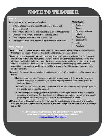 Systems of Equations and Inequalities - Real World Applications