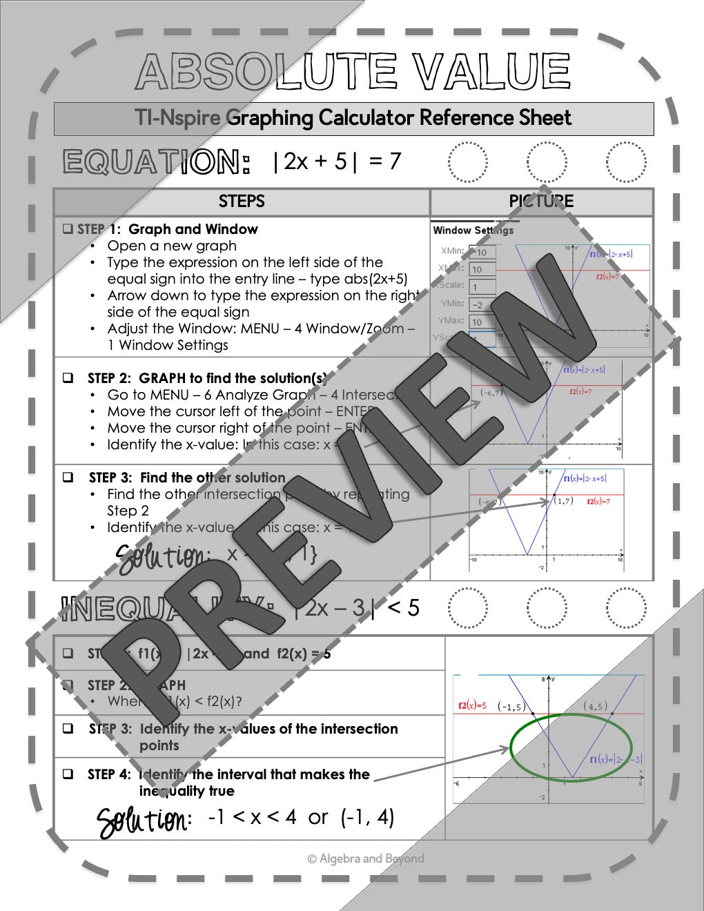 Absolute Value Equations and Inequalities | TI-Nspire Calculator Reference Sheet