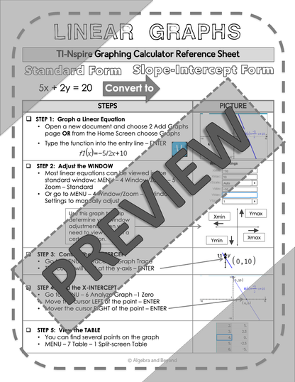 Graph Linear Equations | TI-Nspire Calculator Reference Sheets