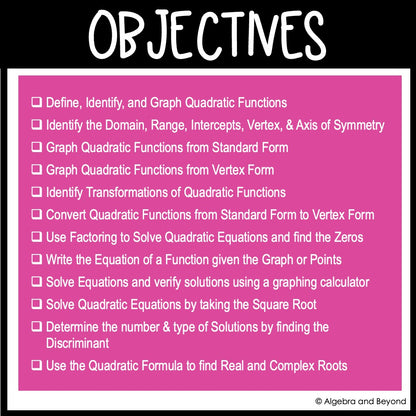 Quadratic Function Assessments | Quizzes | Study Guide | Test