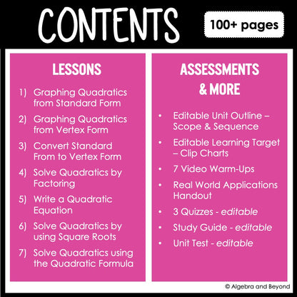 Quadratic Functions Unit Bundle | Algebra 2 | Guided Notes | Homework | Assessments