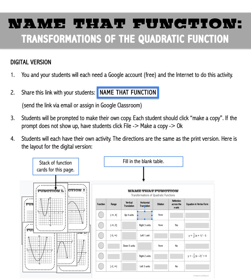 Transformations of Quadratic Functions in Vertex Form | Name That Function | Matching Activity | Print and Digital