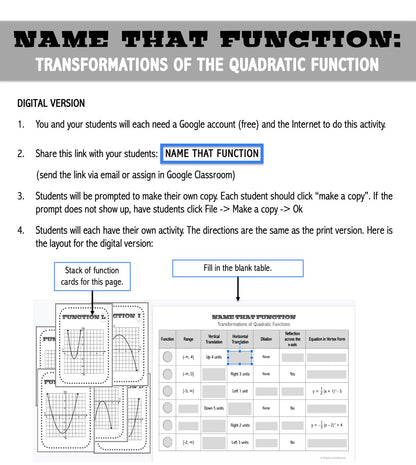 Transformations of Quadratic Functions in Vertex Form | Name That Function | Matching Activity | Print and Digital
