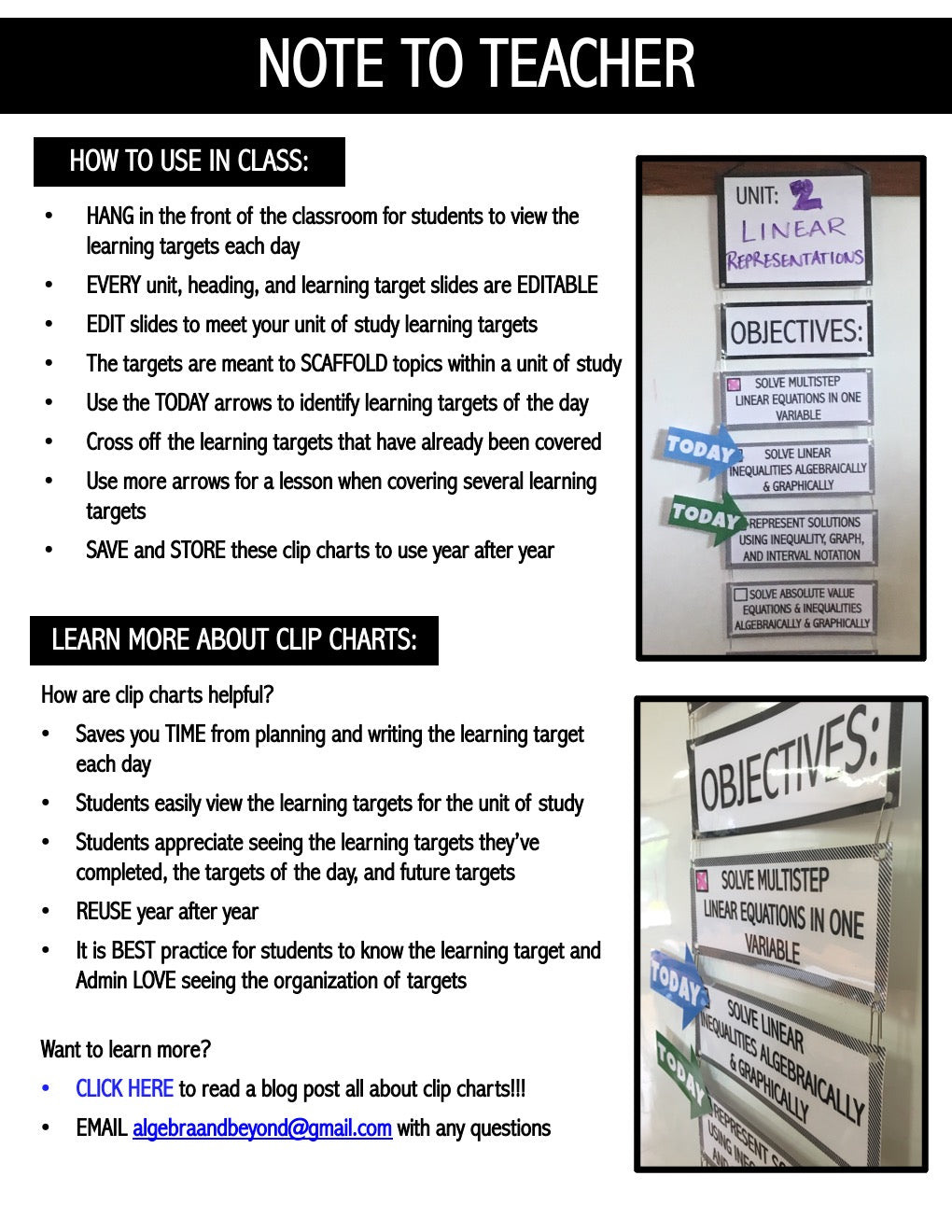 Note to Teacher - 6th Grade Learning Targets | Objectives | Clip Charts