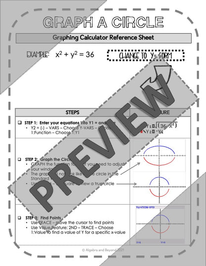 Graph a Circle | TI -84 Graphing Calculator Reference Sheet