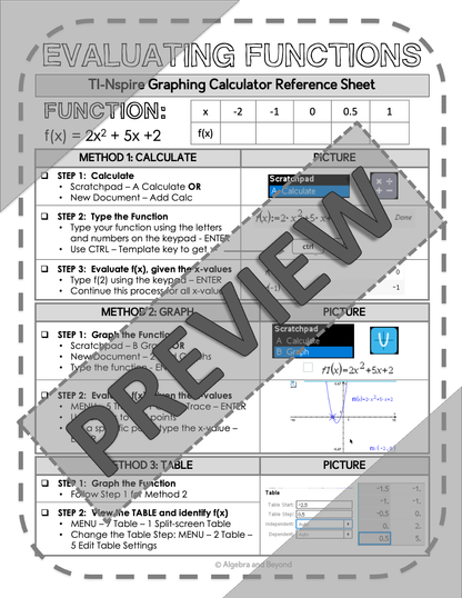 Evaluating Functions | TI-Nspire Calculator Reference Sheets