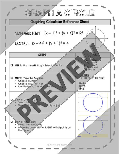 Graph a Circle | TI -84 Graphing Calculator Reference Sheet
