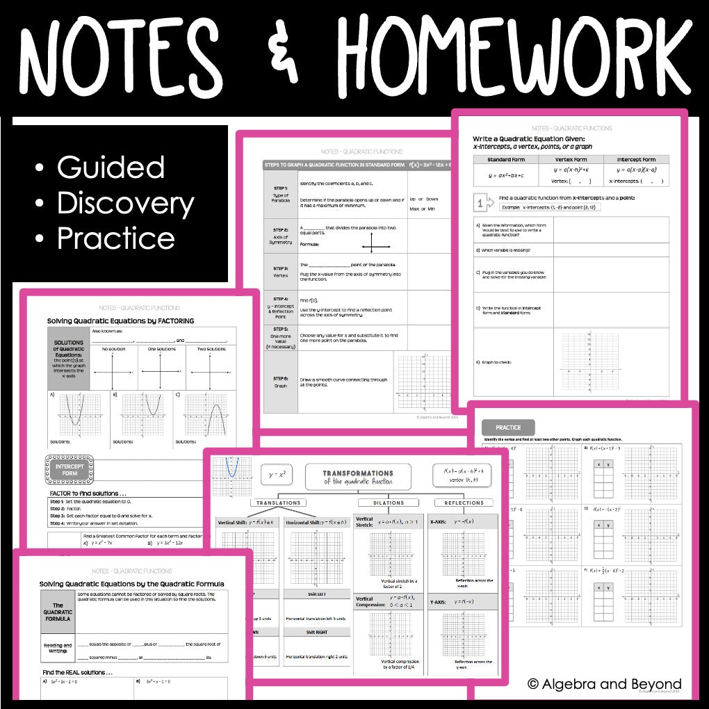 Quadratic Functions Unit | Algebra 2 | Guided Notes | Homework | Assessments