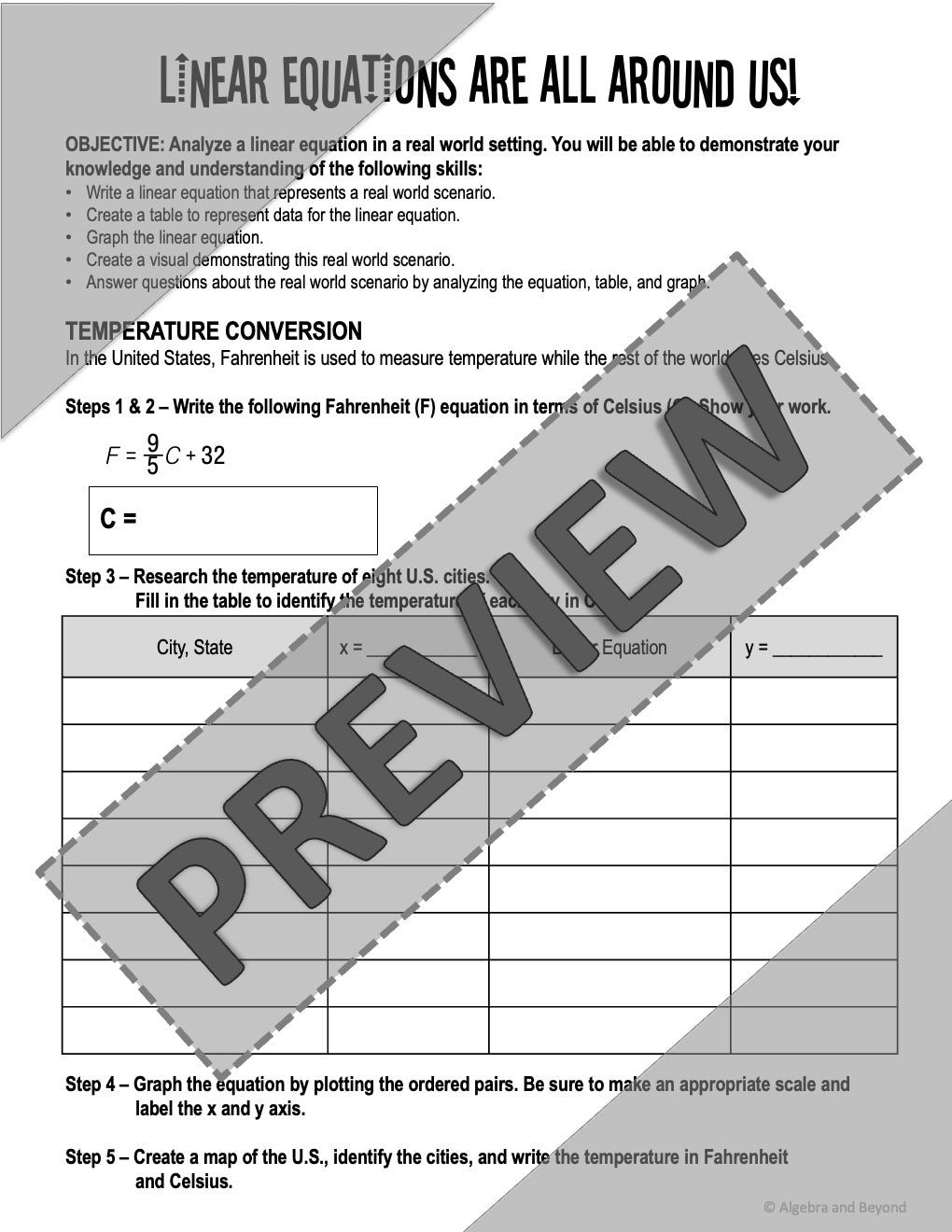 Real World Linear Equations | Project Based Learning | Print and Digital