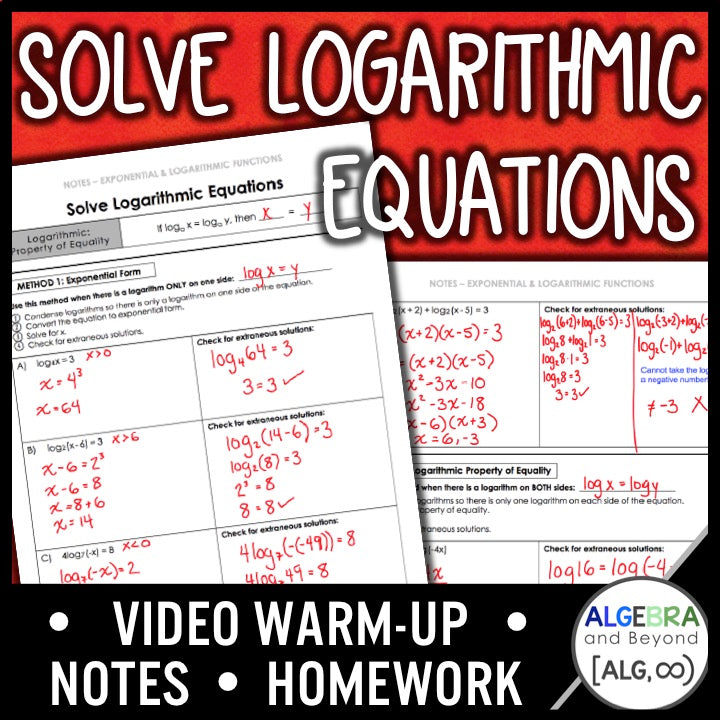 Solve Logarithmic Equations Lesson | Warm-Up | Guided Notes | Homework