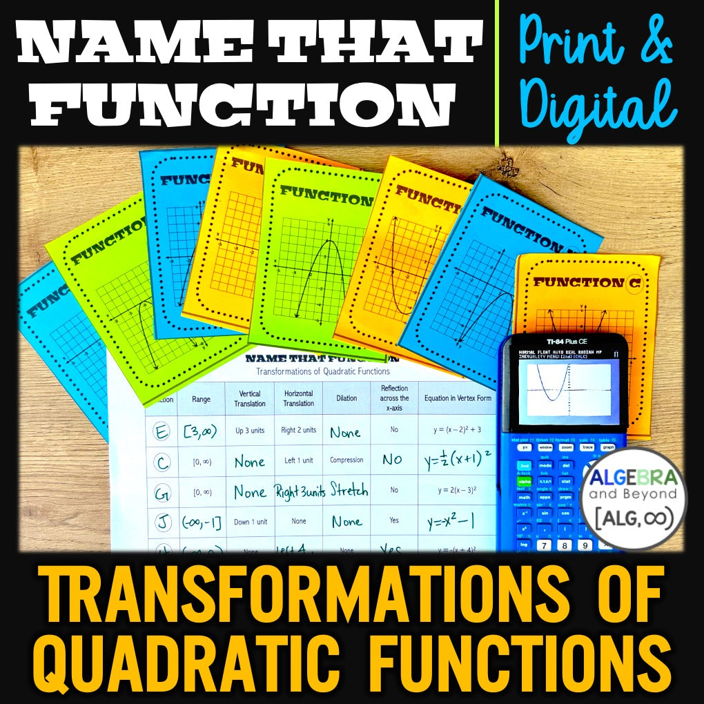 Transformations of Quadratic Functions in Vertex Form | Name That Function | Matching Activity | Print and Digital