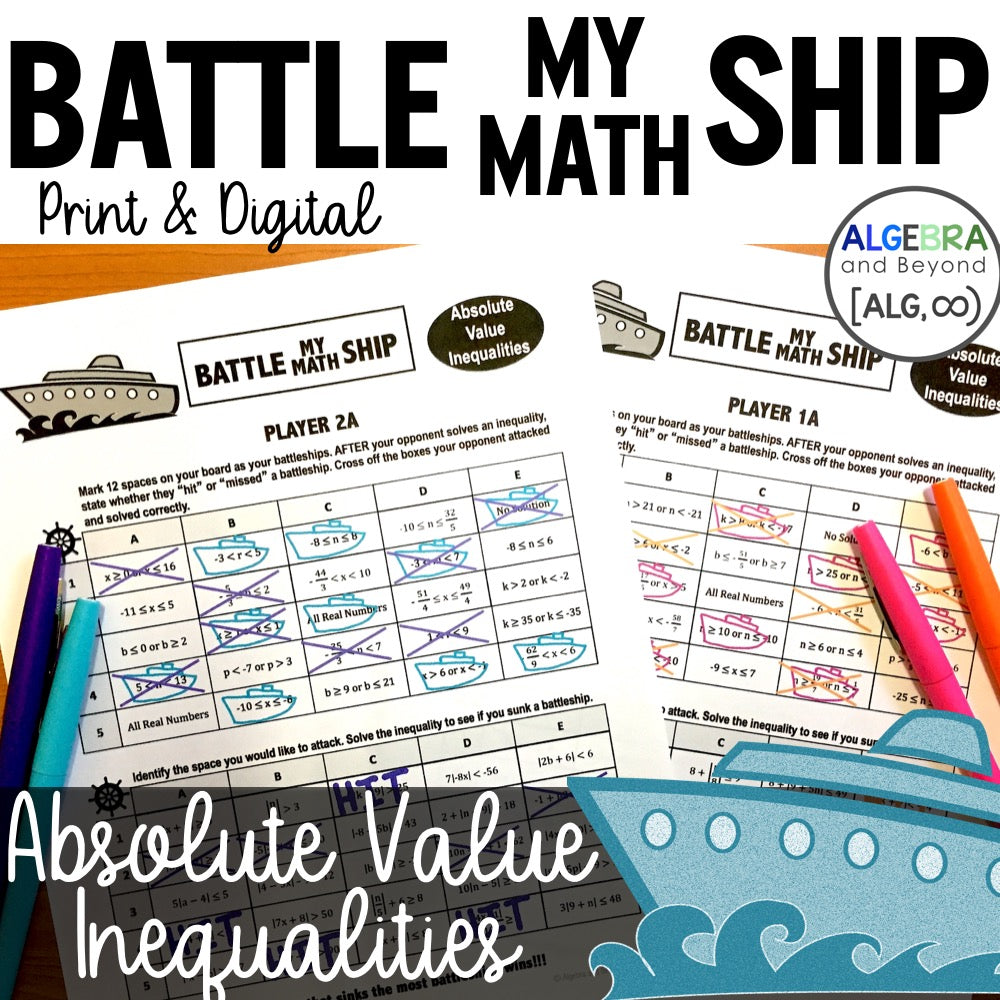 Absolute Value Inequalities | Battle My Math Ship Game | Print and Digital