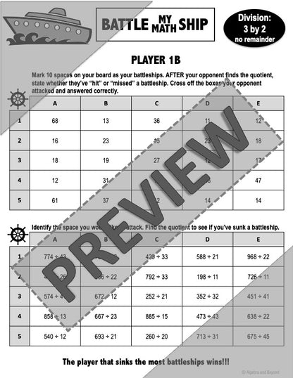 Long Division 3 digits by 2 digits without Remainders Activity | Battleship Game