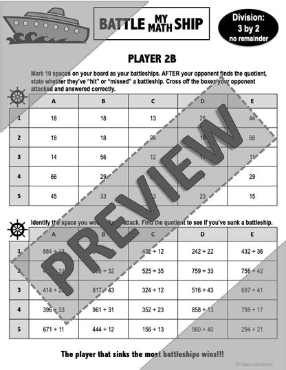 Long Division 3 digits by 2 digits without Remainders Activity | Battleship Game