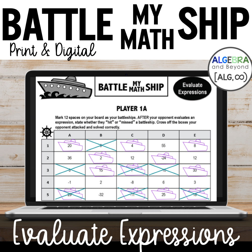 Evaluate Expressions Activity | Battle My Math Ship Game | Print and Digital