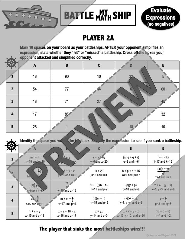 Evaluate Expressions (no negatives) Activity | Battleship Game | Print and Digital