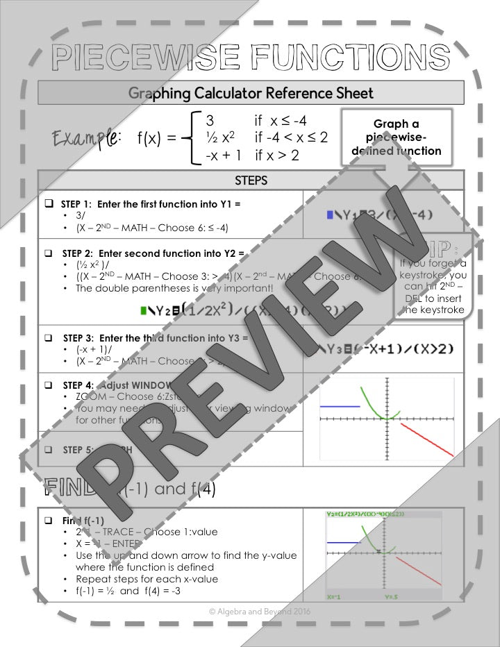 Graphing Piecewise Functions | TI-84 Calculator Reference Sheet and Practice