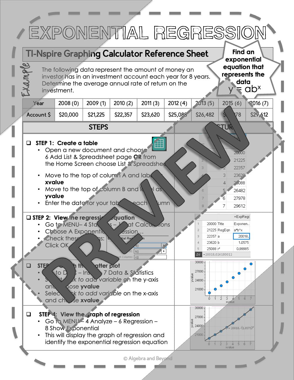 Graphing Exponential Regression | TI-Nspire Calculator Reference Sheets