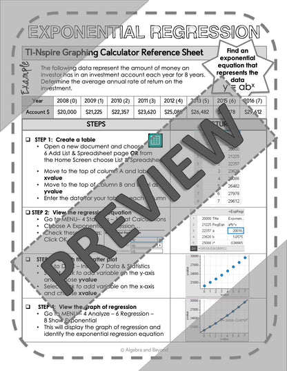 Graphing Exponential Regression | TI-Nspire Calculator Reference Sheets